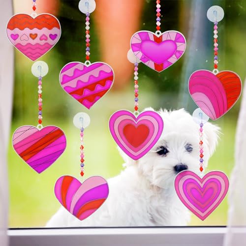 Winlyn 24 Sets Heart Suncatchers Ornaments Decorations DIY Window Paint Art Stickers Craft Kits Heart Sun Catchers for Kids Valentine's Day Classroom Winlyn
