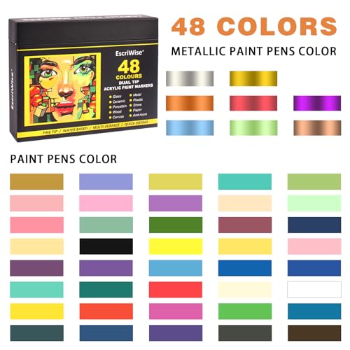 EscriWise 48 Colors Dual Tip Acrylic Paint Pens Set-Permanent Acrylic Paint Markers with Brush and Fine Tip, Water Based Art Paint Pens for Rock EscriWise