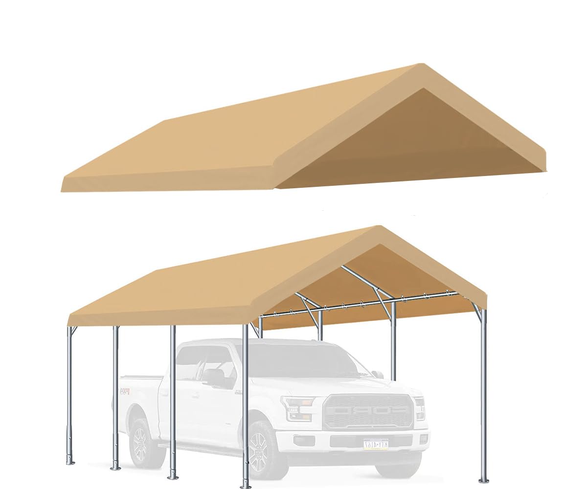 Rutile 12'x20' Carport Canopy ONLY Tent Garage Replacement Top Tarp Car Shelter Cover w/Ball Bungees Beige (Only Top Cover, Frame is not Included) WoodArtSupply