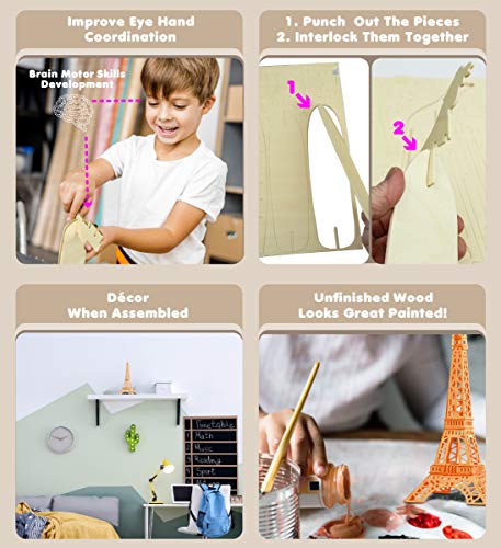 Puzzled 3D Puzzle Eiffel Tower Wood Craft Construction Model Kit,Fun and Educational DIY Wooden Toy Assemble Model Unfinished Crafting Hobby Puzzle Puzzled