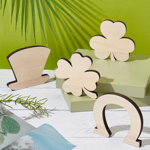 MAYJOYDIY 8pcs Shamrock Wooden Cutouts Unfinished Wood Shamrock Clover Cutouts Shamrock/Horseshoe/Four Clover/Hat Ornaments for DIY Craft Art MAYJOYDIY