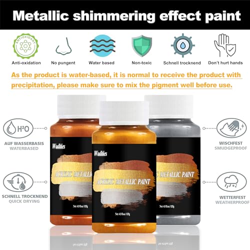 Wadities Acrylic Paint Metallic, 3pcs 125g Gold & Silver & Bronze, Gold Leaf Paint for Art Painting, Ideal for Canvas, Wood, Clay, Fabric, Ceramic, Wadities