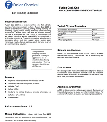 Machining and Grinding Fluid by Fusion Chemical | Cutting Oil for Drilling Metal | Fusion Cool 2269 | Semisynthetic Microemulsion Coolant | Extended Fusion Chemical