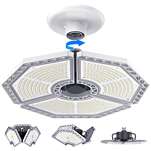 LED Garage Lights, 140W 18500 Lumens Garage Lighting, 6000K Daylight with Deformable Three Panels Garage Ceiling Light Fixture E26/E27 Triple Glow KERNOWO