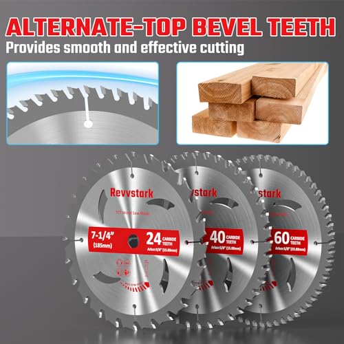 3-Pack Combo 7-1/4 Inch 24T&40T&60T with 5/8 Inch Arbor, Carbide 24T Framing, 40T Ripping & Crosscutting, 60T Finish Carbide Circular Saw Blade for Revvstark