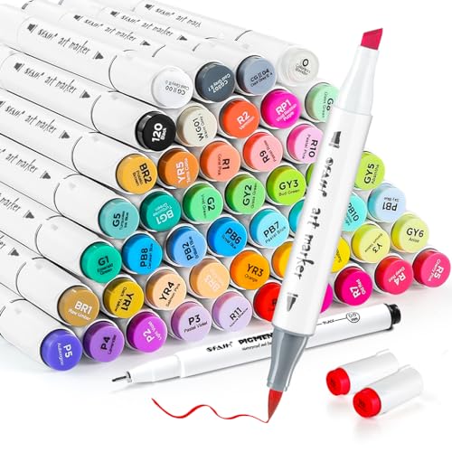 Brush Tip Alcohol Markers Set - 49 Colors Dual Tip Permanent Art Markers for Adult Coloring Artist Sketching Illustration Drawing, Alcohol Based SFAIH