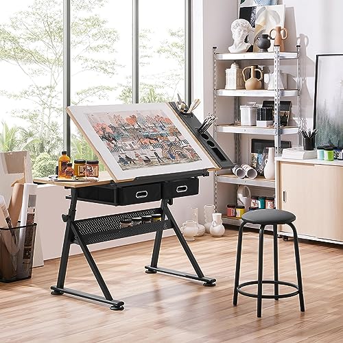 Yaheetech Height Adjustable Drafting Table Drawing Table Artist Desk Tilting Tabletop Art Craft Desk Watercolor Paintings Sketching Work Station w/2 Yaheetech