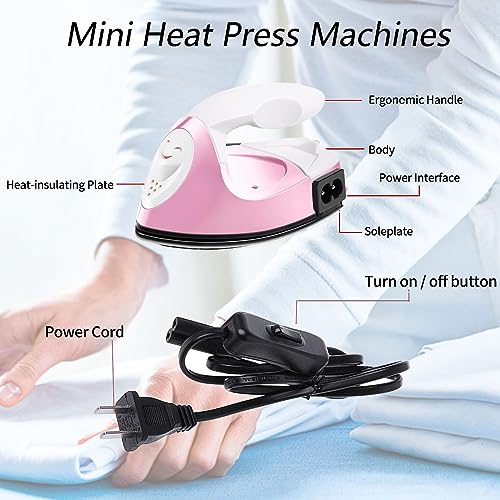 GoLashFun Mini Craft Iron,Pink Mini Heat Press Machine Small Iron Portable Travel Handy Heat Iron-on for DIY Transfer Projects,Crafting Clothes GoLashFun