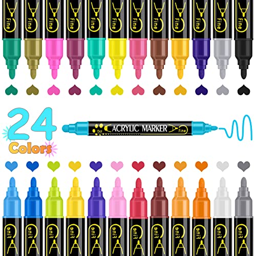 Betem 24 Colors Dual Tip Acrylic Paint Pens Markers, Premium Acrylic Paint Pens for Wood, Canvas, Stone, Rock Painting, Glass, Ceramic Surfaces, DIY Betem