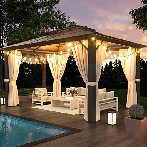 Jolydale 10'x12' Hardtop Gazebo, Double Roof Gazebo, Aluminum Frame Permanent Pavilion with Netting and Curtains, Outdoor Polycarbonate Gazebo, for Jolydale