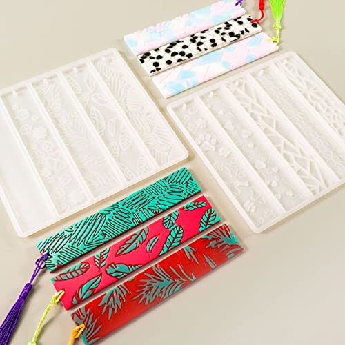 Szecl 10Pcs Resin Bookmark Mold Upgrade Rectangle Bookmark Silicone Mold with 10 Tassel Leaves Texture Flower Shaped Epoxy Resin Casting Mold DIY Szcelling
