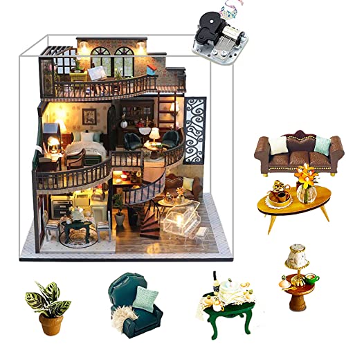 SYCW DIY Dollhouse Miniature Wooden Furniture Kit with Dust Cover and Music Box, Doll House Kit with LED Light, Mini Handmade Wooden Dollhouse Toys, SYCW