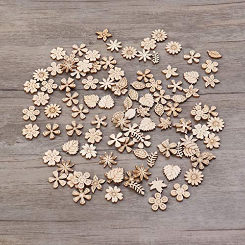 Flower Leaf Pattern Slice 100pcs Unfinished Wood Cutouts Flower Wood Shapes Pieces Wood Discs Slices for DIY Craft Table Scatter Confetti 20mm Wooden Healifty