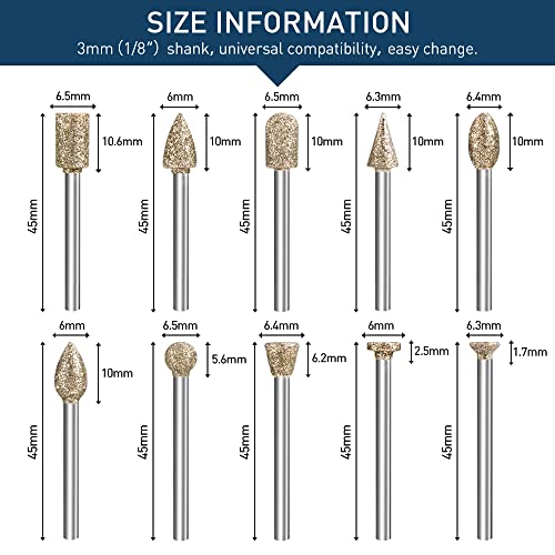 Diamond Grinding Burr Bit Set,20Pcs Rotary Tool Accessories Stone Carving Set with 1/8 inch Shank for Stone Ceramic Glass Carving, Grinding, shengbenhao