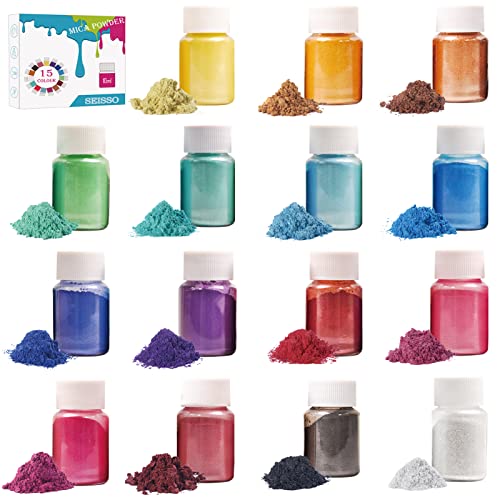 SEISSO 15 Bottles Mica Powder Set Epoxy Resin Dye Pearlescent Color Pigment Cosmetic Gr
