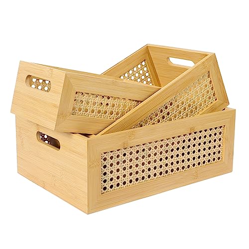 ANMINY 3 PCS Natural Bamboo Storage Bins Set Faux Rattan Frame Wicker Storage Baskets with Handles Sundry Office Drawer Desk Decorative Laundry ANMINY