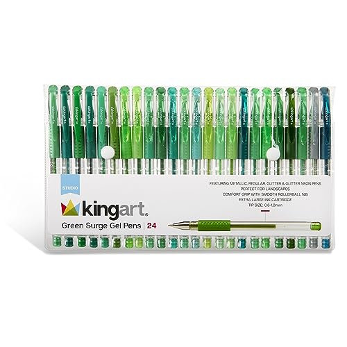 KINGART 400-24G Green Tones Rollerball Gel Pens, Set of 24 Colors, XL Ink Cartridge - More Ink, All Ages, Writing, Coloring, Doodling, Scrapbooking, KINGART