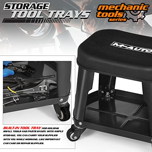M-AUTO Heavy Duty Garage Rolling Work Seat 300LBS Capacity Mechanics Stool with Wheels, Rolling Work Seat with Equipment Tray and Tool Rack, M-AUTO