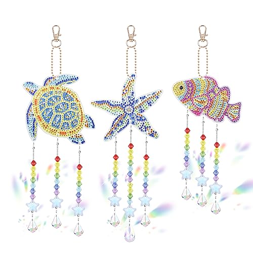 Anseal 3 Pack Diamond Art Suncatcher Wind Chime Kits for Adults Kids, Double Sided Crystal Sea Animals Diamond Painting Hanging Ornament Suncatchers Anseal