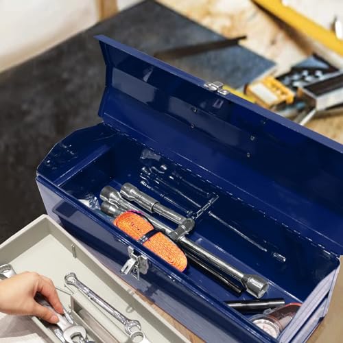 TCE ATB101U-1 Torin Portable Steel Tool Box: 19" Hip Roof Style with Metal Latch Closure and Removable Storage Tray, Blue TCE