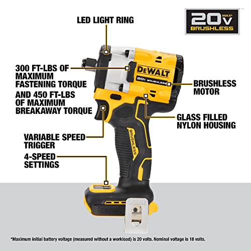DEWALT ATOMIC 20V MAX* 1/2 in. Cordless Impact Wrench with Hog Ring Anvil (Tool Only) (DCF921B) DEWALT