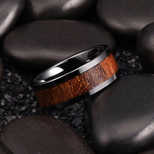 King Will NATURE 8mm Black Koa Wood Ceramic Ring Wedding Band Polished Finish Comfort Fit Flat Style10.5 King Will