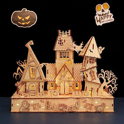 3D Wooden Halloween Haunted House Puzzles, Wood Creative Glow in The Dark Haunted House Puzzle, Assembly Model Building Kits to Build for Adults &
