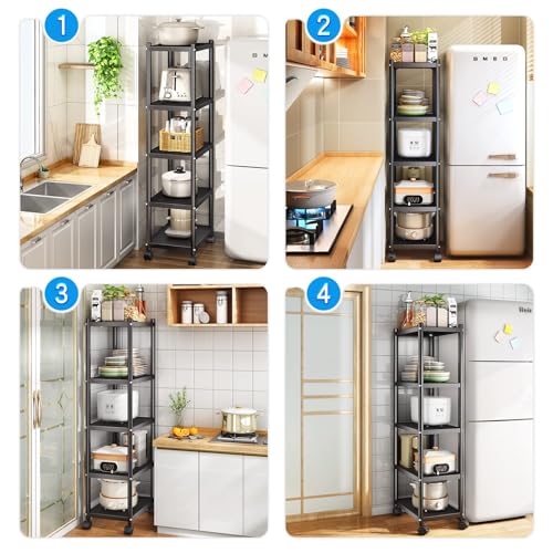 PXRACK 5-Tier Kitchen Storage Shelves, Adjustable Metal Shelves for Storage Pantry Shelves with Rolling Wheels, Storage Rack Shelving Unit Organizer PXRACK