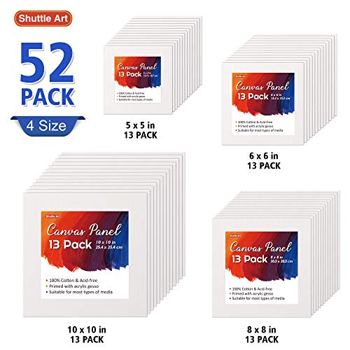 Shuttle Art Painting Canvas Panel, 52 Multi Pack, 5x5, 6x6, 8x8, 10x10 inch (13 PCS of Each), 100% Cotton Art Canvas Board Primed White, Blank Canvas Shuttle Art