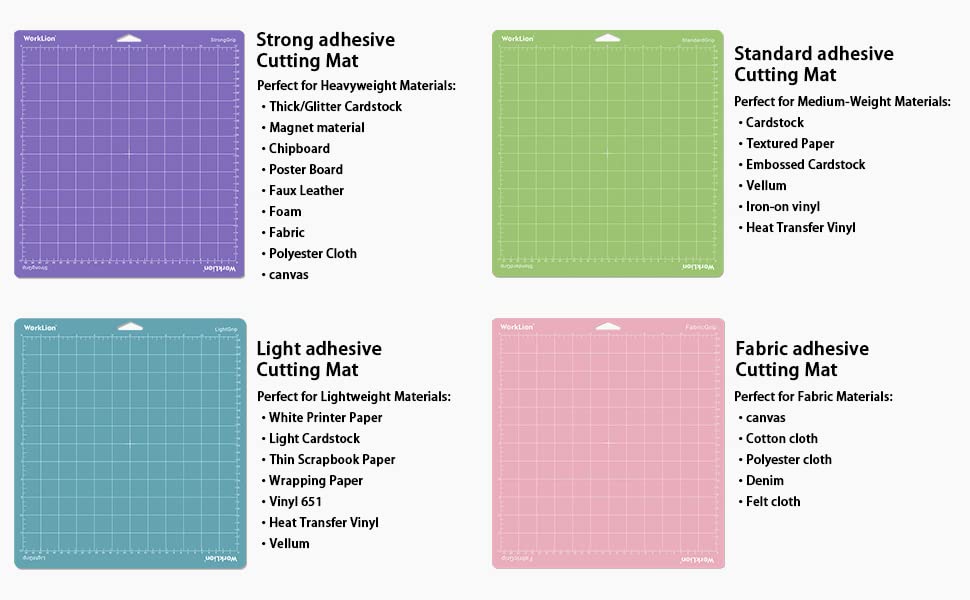 WORKLION Cutting Mat 12x12 for Cricut: (5 Mats, 2 Standard adhesive/ 1 Frabric adhesive/ 1 Light adhesive/ 1 Strong adhesive) Variety Mats for Cricut WORKLION