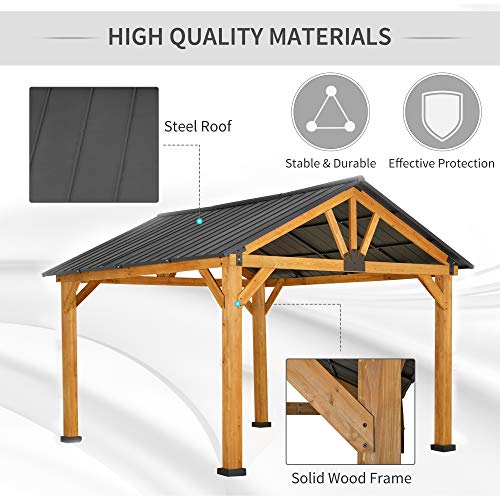 Outsunny 11' x 13' Hardtop Gazebo with Galvanized Steel Roof, Wooden Frame, Permanent Pavilion Outdoor Gazebo with Ceiling Hook for Garden, Patio, Aosom