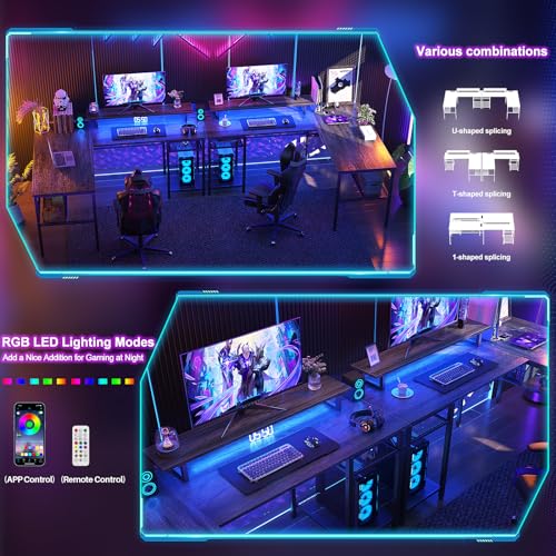 L-Shaped Ergonomic Computer Desk with Smart LED Lights and Versatile Power Outlets iSunirm