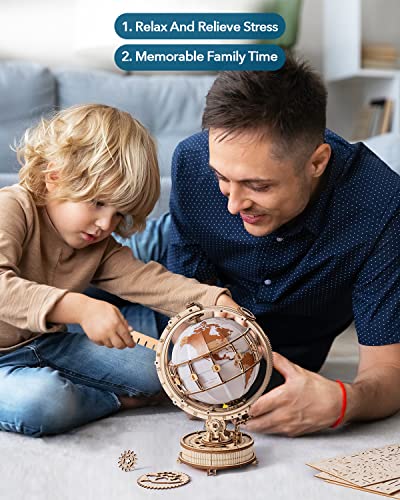 Rowood 3D Puzzles for Adults, DIY Wooden Model Kit for Adults to Build, STEM Mechanical Building Kit with LED, Birthday Luminous Globe RoWood