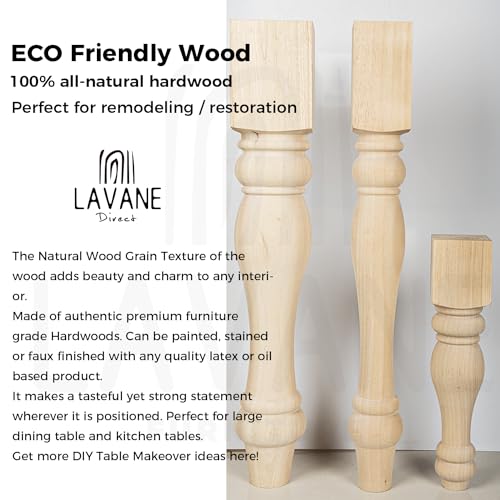 La Vane 29x3.5x3.5inch Chunky Farmhouse Table Legs, Set of 4 Unfinished Rubber Wood Replacement Table Legs for Bench Coffee Table Dining Table La Vane