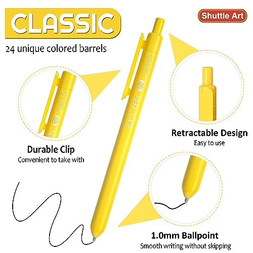 Shuttle Art Ballpoint Pens, 24 Pack Colored Retractable Black Ink Ball Point Pens, Cute Pens 1.0mm Medium Point Quick Drying for Writing Journaling Shuttle Art