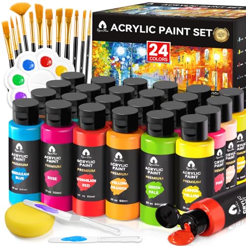40 PCS Acrylic Paint Set with 12 Brushes, 2 Knives and Palette, 24 Colors (2oz/60ml) Art Craft Paints Gifts for Adults Kids Artists Beginners, Art VigorFun