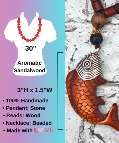DREMINOVA Wood Strand Necklace for Women Japa Mala Red Sandalwood Beads Meditation Prayer Buddhist Energy Trendy Women’s Jewelry (Persistence Fish) DREMINOVA