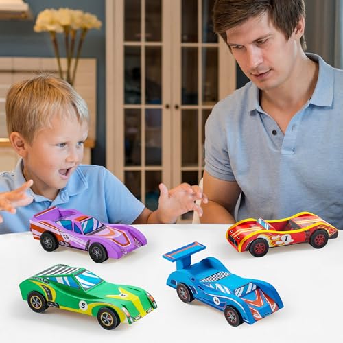Klever Kits 4 DIY Wooden Race Cars-Build & Paint Your Own Wood Craft Kit, 4 Race Cars Toy, Easy to Assemble Arts Crafts Kit, Birthday Party Christmas Klever Kits