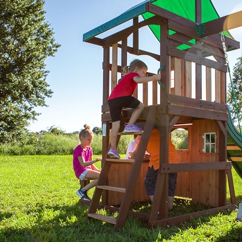 Backyard Discovery Lakewood Cedar Wood Swing Set, Covered Upper Deck with White Trim Window, Slide with Rails, Lower Fort Area with Door and Attached Backyard Discovery