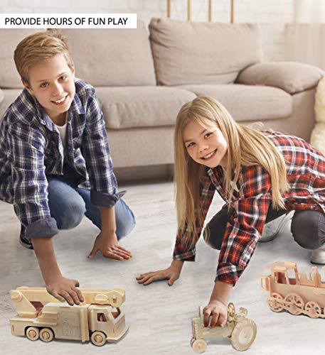 Puzzled 3D Puzzle Fire Engine Vehicle Wood Craft Construction Kit Fun & Educational DIY Wooden Toy Assemble Model Unfinished Crafting Hobby Fire Puzzled