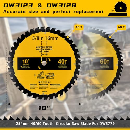 Upgraded 10in 40T/60T (2-Pack) Compatible with DEWALT Table/Miter Saw Blade DWA-110CMB General Purpose Combo Pack Saw Blade Replace for OEM home