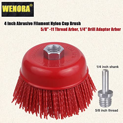 WENORA 4 Inch Nylon Cup Brush for Angle Grinder, Abrasive Filament Cup Brush, Nylon Wheel Brush for Grinder, 5/8" 11 Thread, 1/4" Drill Arbor WENORA