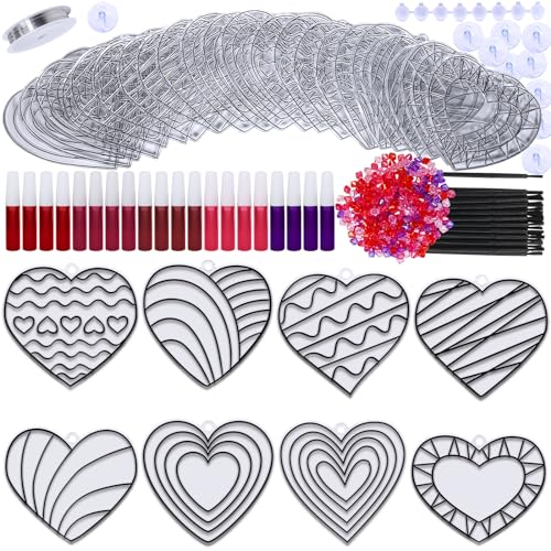 Winlyn 24 Sets Heart Suncatchers Ornaments Decorations DIY Window Paint Art Stickers Craft Kits Heart Sun Catchers for Kids Valentine's Day Classroom Winlyn
