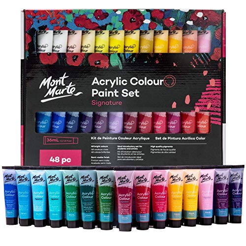 Mont Marte Signature Acrylic Paint Set, 48 Colors x 36 ml, Semi-Matte Finish, Suitable for Canvas, Wood, MDF, Leather, Air-dried Clay, Plaster, Mont Marte