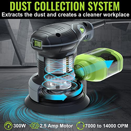 WORKPRO 5-Inch Random Orbit Sander, 6 Variable Speeds 7000 to 14000 RPM, 2.5 Amp Electric Sander for Woodworking with Dust Collector, 15pcs WORKPRO