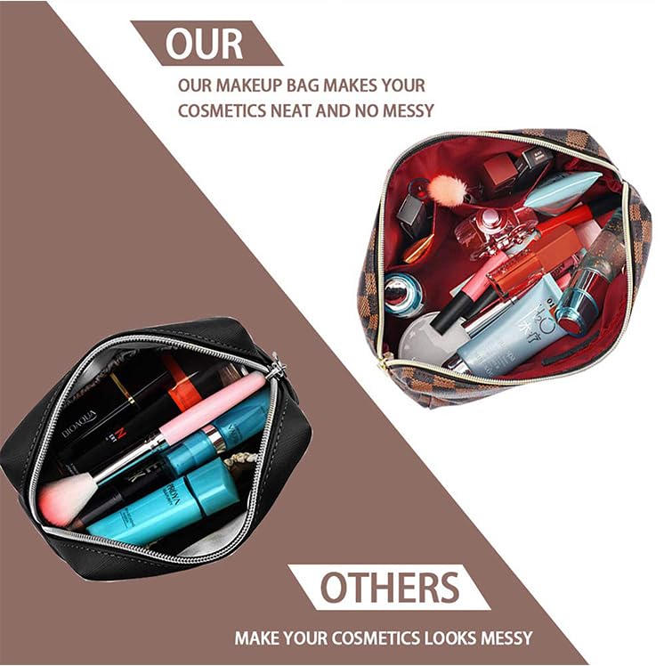 BAGCRAZY Makeup Bag, Cosmetic Bag, Portable Leather Large Checkered Makeup Bag, 2 Pack Large Capacity Travel Cosmetic Bag for Women, Lightweight BAGCRAZY