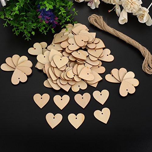 Outus 100 Pieces Wooden Hearts Blank Wooden Hearts Embellishments 40mm with 1 Roll 10m Natural Twine for Wedding Arts Crafts Card DIY Making Outus
