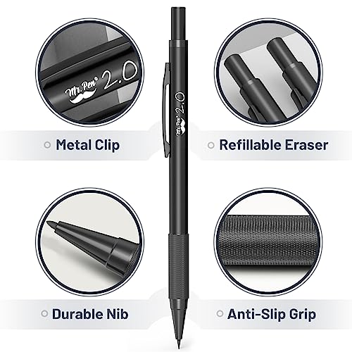 Mr. Pen- Metal Mechanical Pencil Set with Lead and Eraser Refills, 5 Sizes, Black, 0.3, 0.5, 0.7, 0.9, 2mm, Drawing Mechanical Pencils, Mechanical Mr. Pen