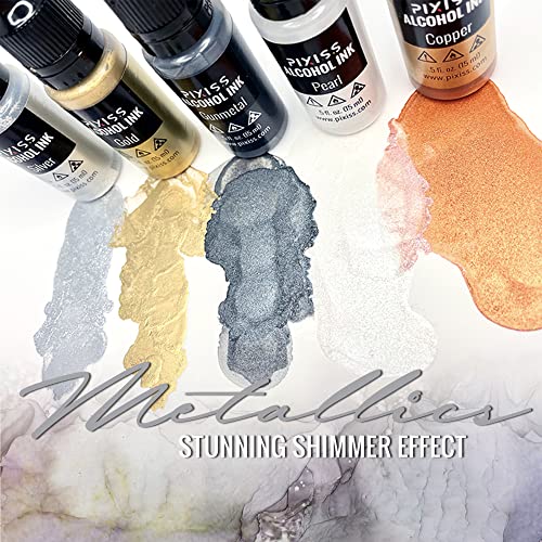 Metallic Alcohol Ink Set, Gold Alcohol Ink, Silver, Gunmetal, Copper, Pearl, Alcohol Ink Metallic Mixatives with Extreme Shimmer for Alcohol Ink Pixiss