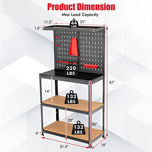 Goplus Work Bench, Work Table with Pegboard, 14 Hanging Accessories, 2 Open Shelves, Heavy Duty Steel Tool Bench, Workbench for Garage Home Workshop Goplus
